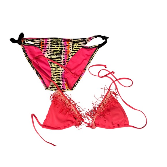 Victoria's Secret Other - Victorias Secret Pink Animal Print Fringe Triangle Bikini Set Two Piece Swimsuit